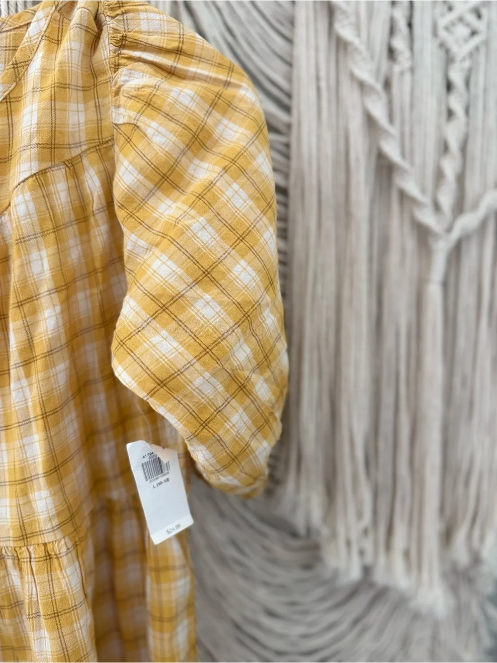 Old Navy Mustard Yellow Plaid Tie-Neck Puff Sleeve Dress